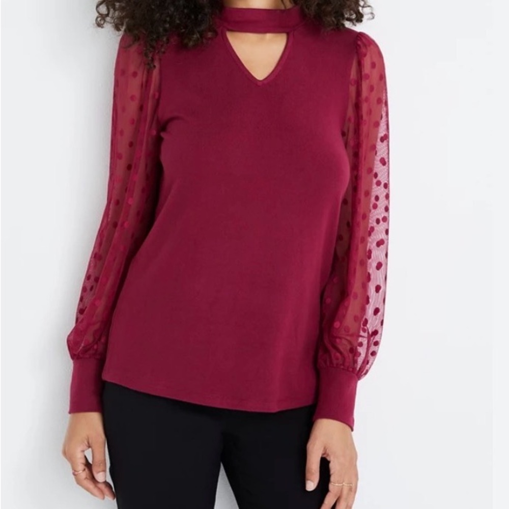 #143 Maurice’s Burgundy Mock Neck Keyhole Blouse Sheer Polka Dot Sleeves Xsmal